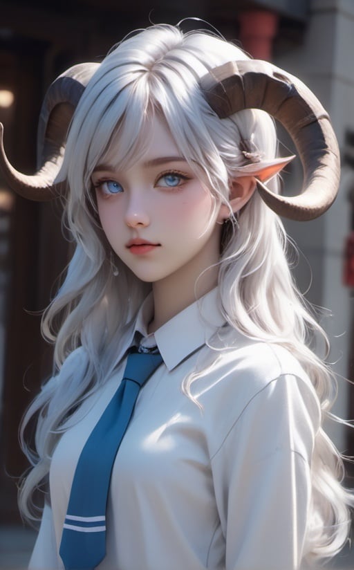 BJ_Oxygen girl, 1girl,Blue eyes,two horns on the head,White hair,Angle,school uniform,city,street,photography,masterpiece,sidelighting,finely detailed beautiful eyes,hdr,realistic,high definition,bj_Devil_angel