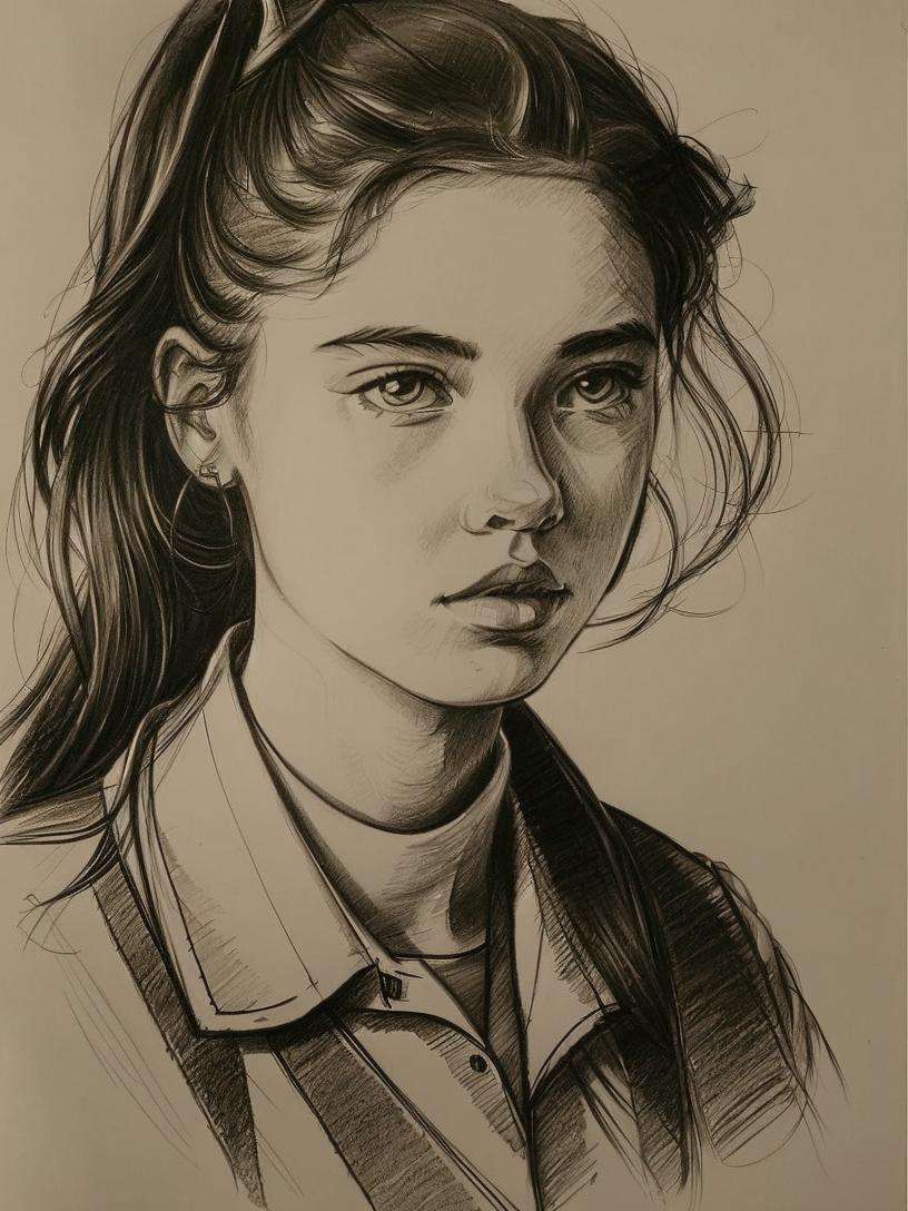 <lora:Drawing:0.8>  (style by nty, drawing:1.25), portrait of a school girl