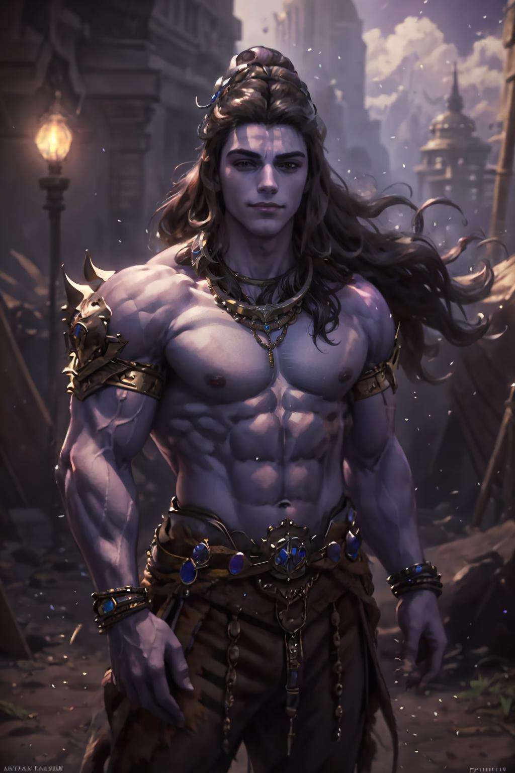 (highly detailed:1.3),<lora:shiva_v1-10:1>male focus,purple skin,muscular,powerful pose,necklace,((detailed face and eyes:1.3)),Ultra-detail,(highres:1.1),best quality,(masterpiece:1.3),cinematic lighting