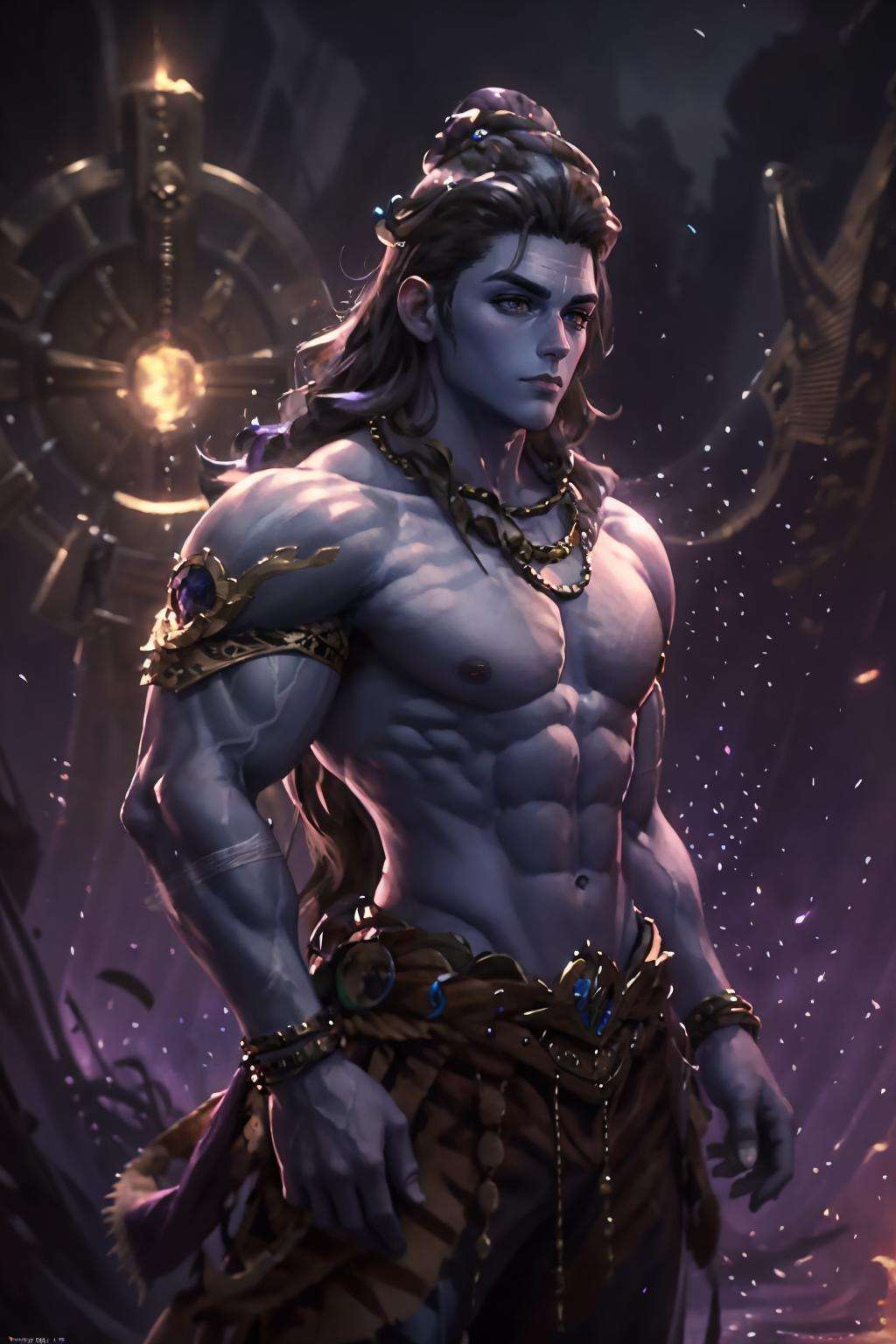 (highly detailed:1.3),<lora:shiva_v1-10:1>male focus,purple skin,muscular,powerful pose,necklace,((detailed face and eyes:1.3)),Ultra-detail,(highres:1.1),best quality,(masterpiece:1.3),cinematic lighting