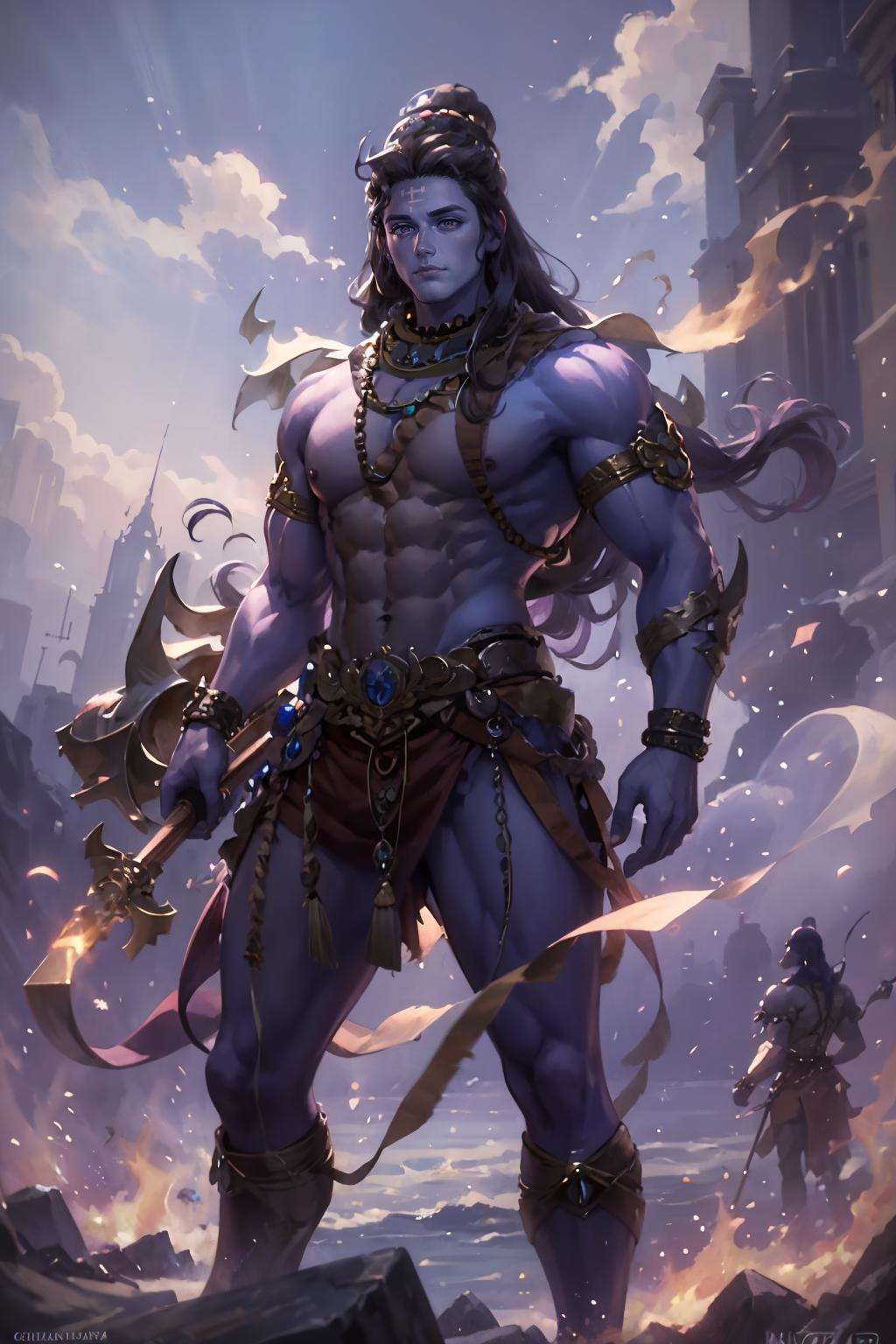 (highly detailed:1.3),<lora:shiva_v1:1>,male focus,purple skin,muscular,glowing eyes,((detailed face and eyes:1.3))