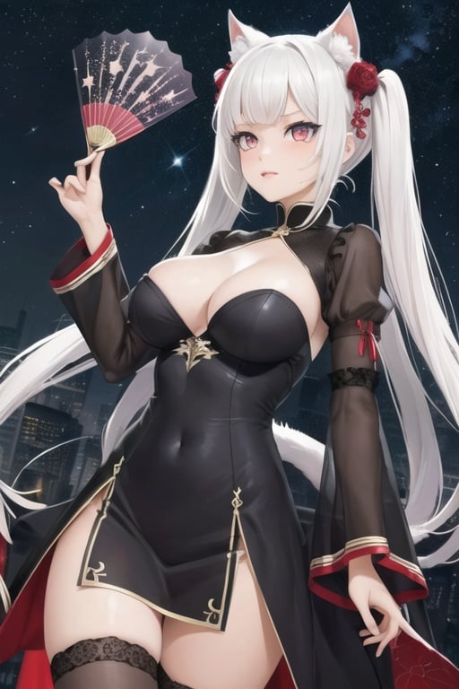 (masterpiece, top quality, best quality, official art, beautiful and aesthetic:1.2), (fractal art:1.3),, kagarino kirie, bishoujo mangekyou, happoubi jin, 1 girl, solo, 1 hand holding black handfan, twintails, white hair black cat ears, china dress, starry sky black background, red eyes, big breasts, latex thighhighs, black cat tail, 