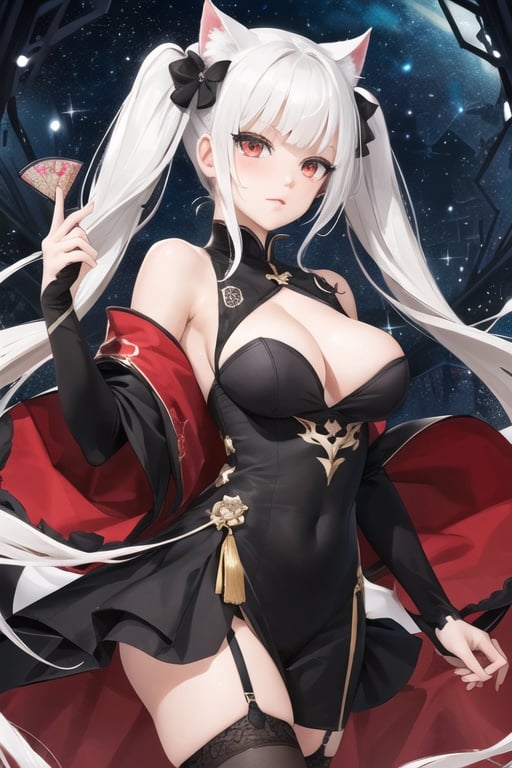 (masterpiece, top quality, best quality, official art, beautiful and aesthetic:1.2), (fractal art:1.3),, kagarino kirie, bishoujo mangekyou, happoubi jin, 1 girl, solo, 1 hand holding black handfan, twintails, white hair black cat ears, china dress, starry sky black background, red eyes, big breasts, latex thighhighs, black cat tail, 