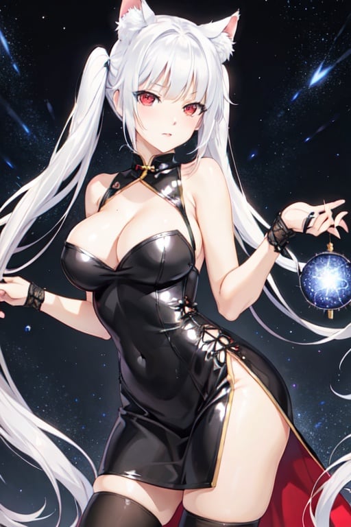 illustration, kagarino kirie, bishoujo mangekyou, happoubi jin, 1 girl, solo, 1 hand holding black handfan, twintails, white hair black cat ears, china dress, starry sky black background, red eyes, big breasts, latex thighhighs, black cat tail, 