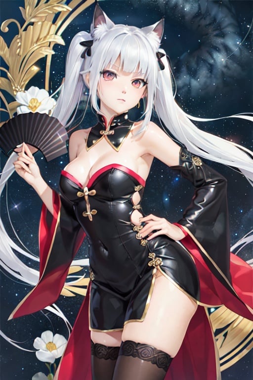 (masterpiece, top quality, best quality, official art, beautiful and aesthetic:1.2), (fractal art:1.3),, kagarino kirie, bishoujo mangekyou, happoubi jin, 1 girl, solo, 1 hand holding black handfan, twintails, white hair black cat ears, china dress, starry sky black background, red eyes, big breasts, latex thighhighs, black cat tail, 