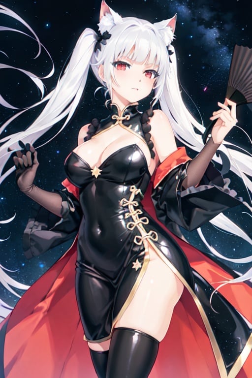 illustration, kagarino kirie, bishoujo mangekyou, happoubi jin, 1 girl, solo, 1 hand holding black handfan, twintails, white hair black cat ears, china dress, starry sky black background, red eyes, big breasts, latex thighhighs, black cat tail, 