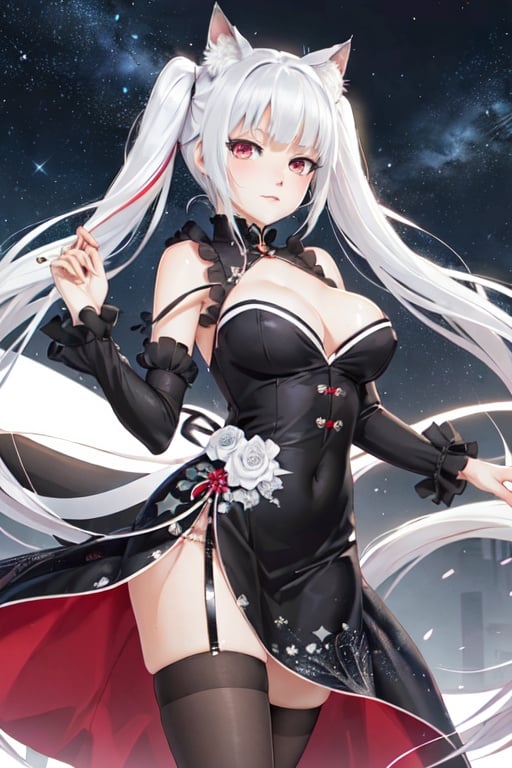 (masterpiece, top quality, best quality, official art, beautiful and aesthetic:1.2), (fractal art:1.3),, kagarino kirie, bishoujo mangekyou, happoubi jin, 1 girl, solo, 1 hand holding black handfan, twintails, white hair black cat ears, china dress, starry sky black background, red eyes, big breasts, latex thighhighs, black cat tail, 