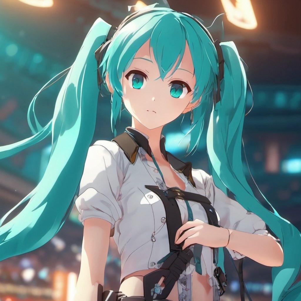 beautiful age 18 girl, (anime screencap), aqua hair, hatsune miku, twin tails, sexy, beautiful, dslr, 8k, 4k, natural skin, textured skin, pixiv, depth of field, cinematic compotision, best lighting, cowboy shot