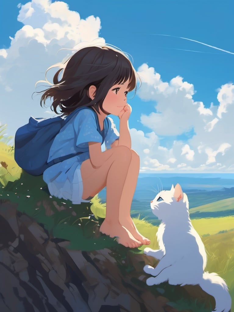 little girl sitting on the hill looking at sky, with her hair blowing in clear day, with cat, (blue sky:1.25), sideway glance, young girl, cloud, endless sea, noon, summer, floating hair, cumulus clouds, forest, tree, face focus, cute