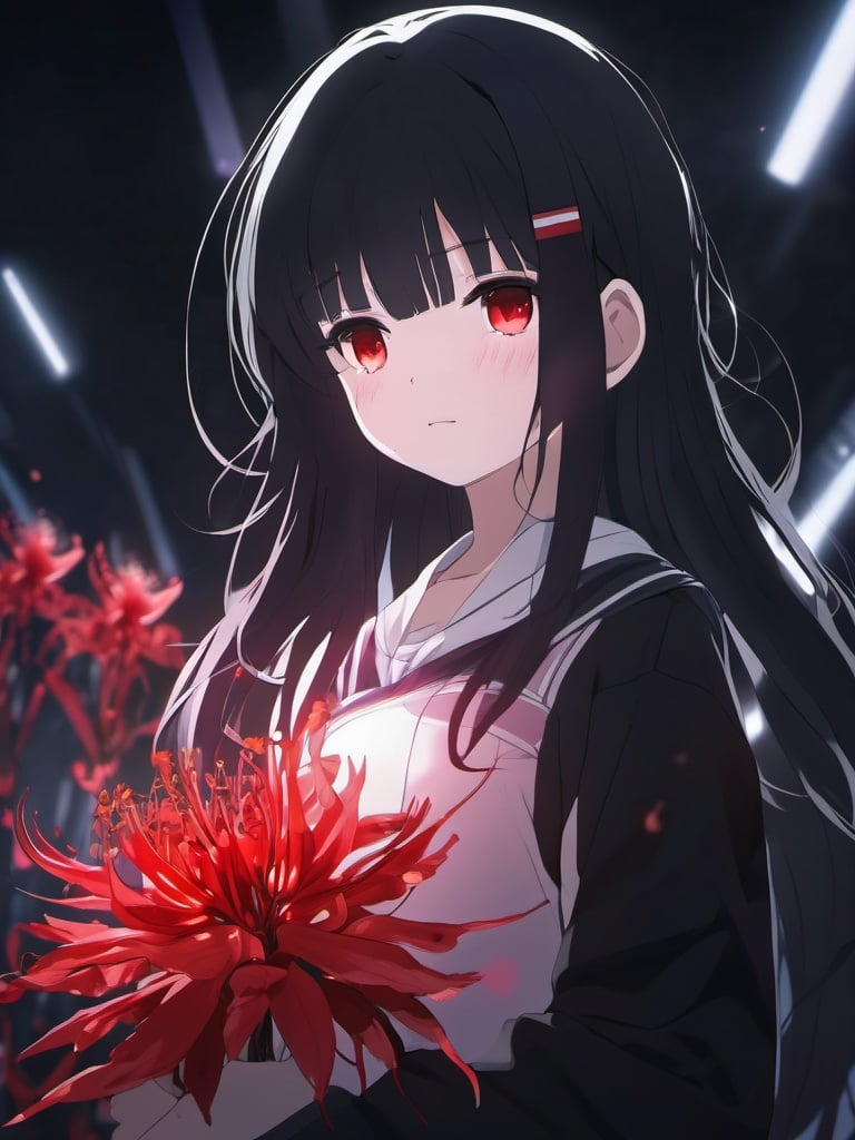 face focus, cute, masterpiece, best quality, 1girl holding lycoris, black background, light particle, solo, black hair, red eyes, standing, pixiv, depth of field, cinematic compotision, best lighting, looking up