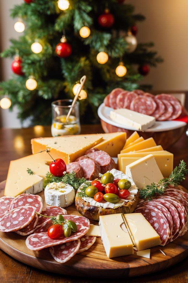 photo RAW,(a charcuterie board with the ingredients, including proscuitto, salami, smoked turkey, brie, cheddar cheese gouda cherry tomatoes, green olives aranged artistically in a christmas tree shape), masterpiece, award winning photography, natural light, perfect composition, high detail, hyper realistic,lens flare,Timeless Elegance, Classic Tones, Refined Lighting, depth of field,sharp focus