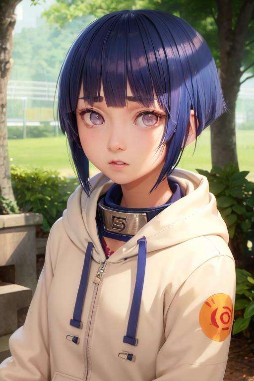 1girl, hinata_hyuuga, portrait, short hair, blue hair, blunt bangs, sidelocks, white eyes, no pupils, hoodie, jacket <lora:hinata_hyuuga:0.6>