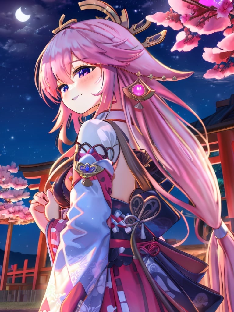 8k, high resolution, hdr, intricate details, yae miko wearing japanese clothes, smiling, hair ornament, from behind, arms behind back, light smile, blush, cowboy shot, sakura tree, night, nights sky, beautifully detailed eyes