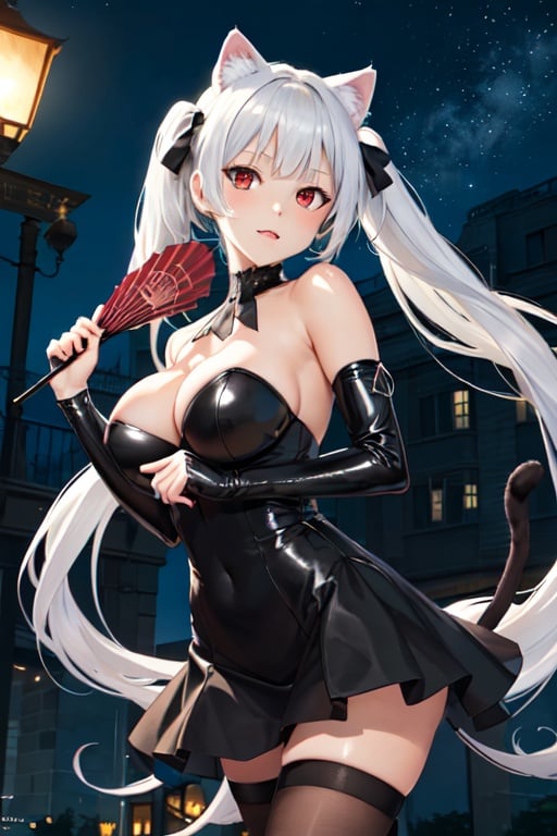 (masterpiece, top quality, best quality, official art, beautiful and aesthetic:1.2), (fractal art:1.3),, kagarino kirie, bishoujo mangekyou, happoubi jin, 1 girl, solo, 1 hand holding black handfan, twintails, white hair black cat ears, flower-pattern_see-through_black_dress, starry sky black background, red eyes, big breasts, latex thighhighs, black cat tail, 
