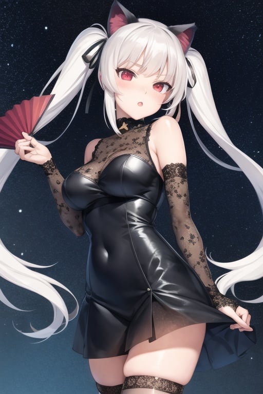 masterpiece, best quality, ultra-detailed, illustration, kagarino kirie, bishoujo mangekyou, happoubi jin, 1 girl, solo, 1 hand holding black handfan, twintails, white hair black cat ears, starry sky black background, red eyes, big breasts, latex thighhighs, black cat tail, flower-pattern_see-through_black_dress