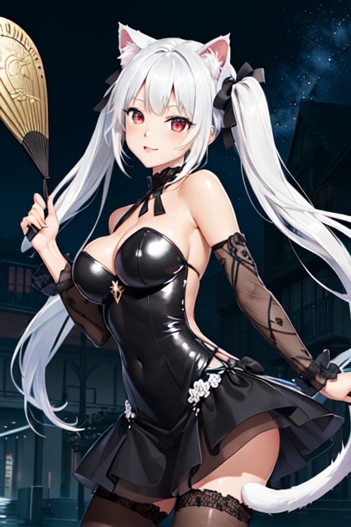 (masterpiece, top quality, best quality, official art, beautiful and aesthetic:1.2), (fractal art:1.3),, kagarino kirie, bishoujo mangekyou, happoubi jin, 1 girl, solo, 1 hand holding black handfan, twintails, white hair black cat ears, flower-pattern_see-through_black_dress, starry sky black background, red eyes, big breasts, latex thighhighs, black cat tail, ,kagarino kirie,flower-pattern_see-through_black_dress