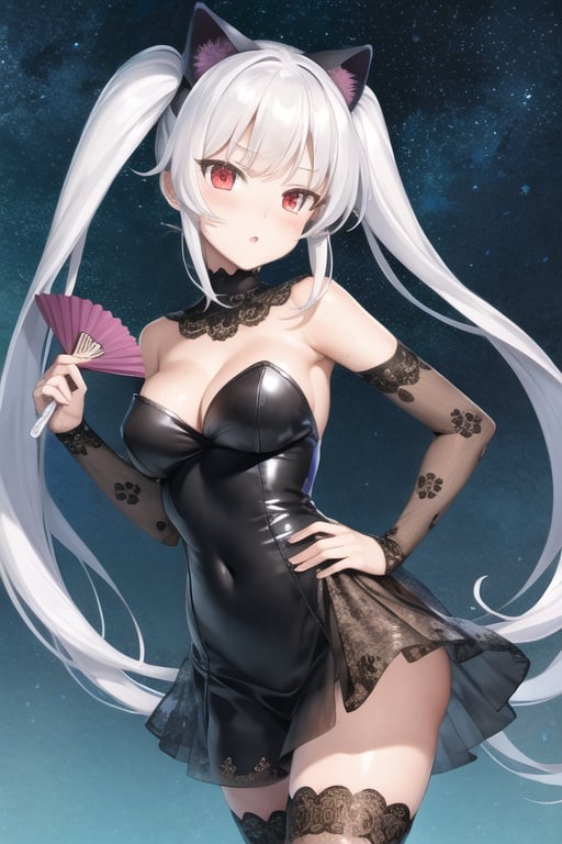 masterpiece, best quality, ultra-detailed, illustration, kagarino kirie, bishoujo mangekyou, happoubi jin, 1 girl, solo, 1 hand holding black handfan, twintails, white hair black cat ears, starry sky black background, red eyes, big breasts, latex thighhighs, black cat tail, flower-pattern_see-through_black_dress