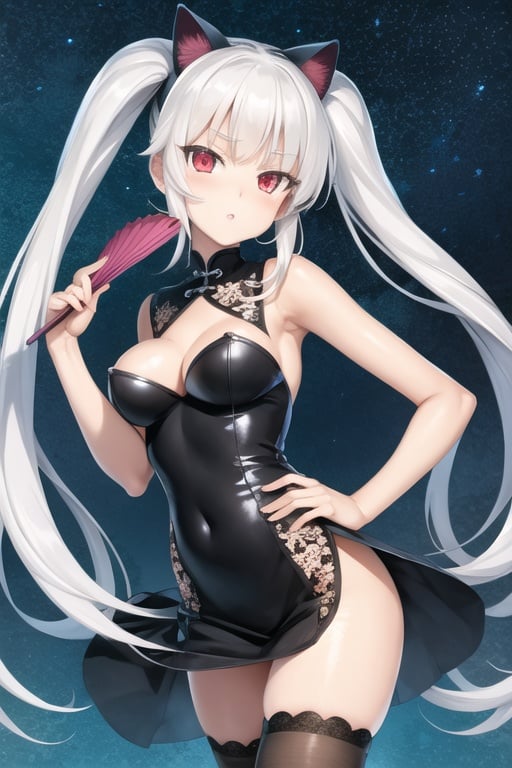 masterpiece, best quality, ultra-detailed, illustration, kagarino kirie, bishoujo mangekyou, happoubi jin, 1 girl, solo, 1 hand holding black handfan, twintails, white hair black cat ears, china dress, starry sky black background, red eyes, big breasts, latex thighhighs, black cat tail, flower-pattern_see-through_black_dress