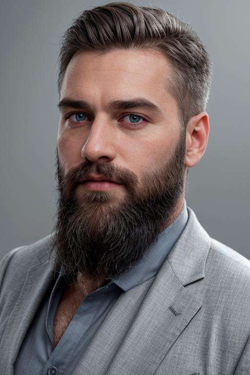 <lora:polyhedron_new_skin_v1.1:0.2> <lora:polyhedron_men_eyes:0.2> RAW photo, portrait of a beautiful man with a beard in a grey suite, full sharp, detailed face, blue eyes, (high detailed skin:1.2), 8k uhd, dslr, soft lighting, high quality, film grain, Fujifilm XT3