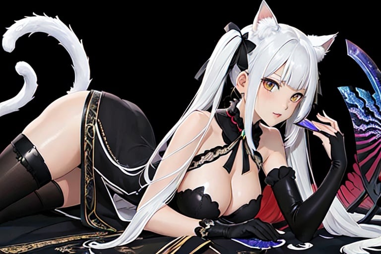 (masterpiece, top quality, best quality, official art, beautiful and aesthetic:1.2), (fractal art:1.3),, kagarino kirie, 1 girl, solo, 1 hand holding black handfan, twintails, white hair black cat ears, starry sky black background, big breasts, latex thighhighs, black cat tail, mary_janes