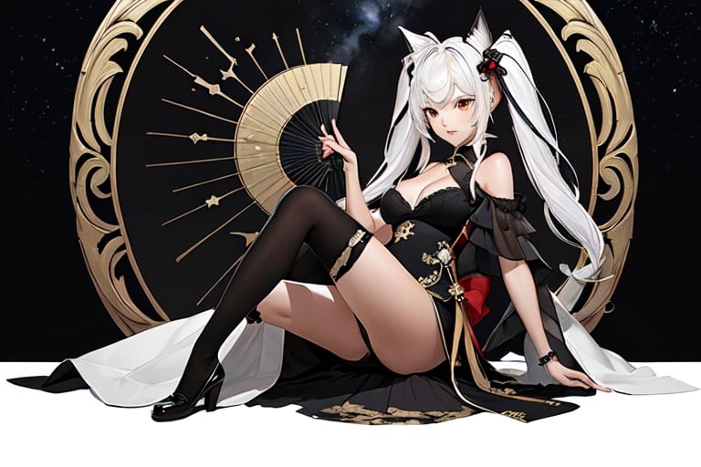 (masterpiece, top quality, best quality, official art, beautiful and aesthetic:1.2), (fractal art:1.3),, kagarino kirie, 1 girl sitting, solo, full body, 1 hand holding black handfan, twintails, china dress, white hair black cat ears, starry sky black background, big breasts, red eyes, latex thighhighs, black cat tail, (mary_janes: 1.3)