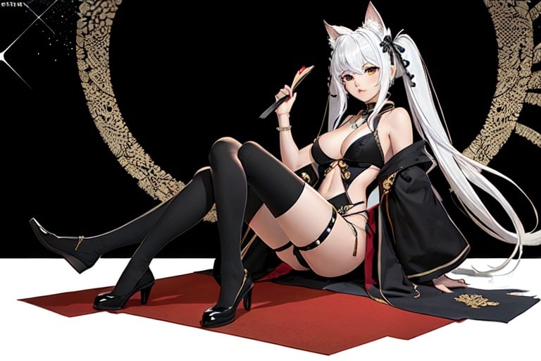 (masterpiece, top quality, best quality, official art, beautiful and aesthetic:1.2), (fractal art:1.3),, kagarino kirie, 1 girl sitting, solo, full body, 1 hand holding black handfan, twintails, white hair black cat ears, starry sky black background, big breasts, red eyes, latex thighhighs, black cat tail, (mary_janes: 1.3)