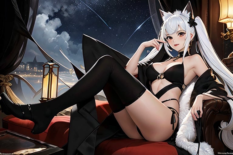 (masterpiece, top quality, best quality, official art, beautiful and aesthetic:1.2), (fractal art:1.3),, kagarino kirie, 1 girl sitting, solo, full body, 1 hand holding black handfan, twintails, white hair black cat ears, starry sky black background, big breasts, red eyes, latex thighhighs, black cat tail, (mary_janes: 1.3)