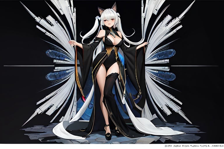 (masterpiece, top quality, best quality, official art, beautiful and aesthetic:1.2), (fractal art:1.3),, kagarino kirie, 1 girl, solo, full body, 1 hand holding black handfan, twintails, white hair black cat ears, starry sky black background, big breasts, red eyes, latex thighhighs, black cat tail, (mary_janes: 1.3)