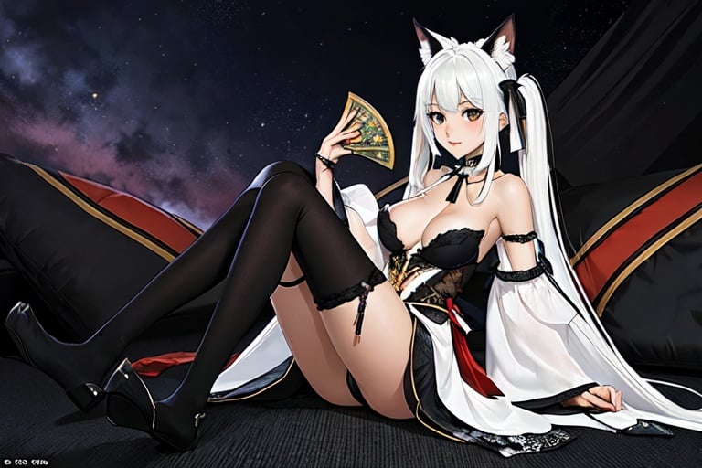 (masterpiece, top quality, best quality, official art, beautiful and aesthetic:1.2), (fractal art:1.3),, kagarino kirie, 1 girl sitting, solo, full body, 1 hand holding black handfan, twintails, white hair black cat ears, starry sky black background, big breasts, red eyes, latex thighhighs, black cat tail, (mary_janes: 1.3)