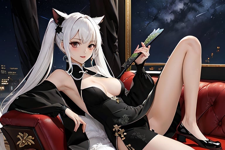 (masterpiece, top quality, best quality, official art, beautiful and aesthetic:1.2), (fractal art:1.3),, kagarino kirie, 1 girl sitting, solo, full body, 1 hand holding black handfan, twintails, china dress, white hair black cat ears, starry sky black background, big breasts, red eyes, latex thighhighs, black cat tail, (mary_janes: 1.3)