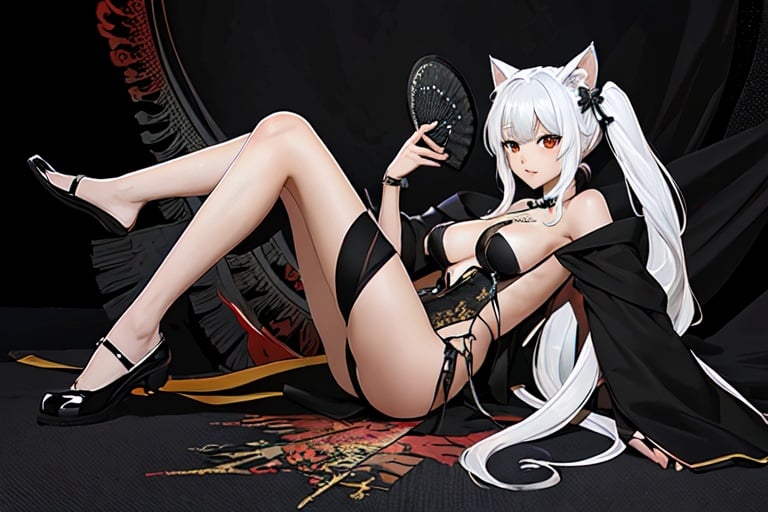 (masterpiece, top quality, best quality, official art, beautiful and aesthetic:1.2), (fractal art:1.3),, kagarino kirie, 1 girl, solo, full body, 1 hand holding black handfan, twintails, white hair black cat ears, starry sky black background, big breasts, red eyes, latex thighhighs, black cat tail, mary_janes