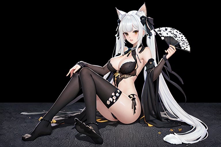 (masterpiece, top quality, best quality, official art, beautiful and aesthetic:1.2), (fractal art:1.3),, kagarino kirie, 1 girl, solo, full body, 1 hand holding black handfan, twintails, white hair black cat ears, starry sky black background, big breasts, latex thighhighs, black cat tail, mary_janes