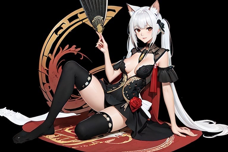 (masterpiece, top quality, best quality, official art, beautiful and aesthetic:1.2), (fractal art:1.3),, kagarino kirie, 1 girl sitting, solo, full body, 1 hand holding black handfan, twintails, white hair black cat ears, starry sky black background, big breasts, red eyes, latex thighhighs, black cat tail, (mary_janes: 1.3)