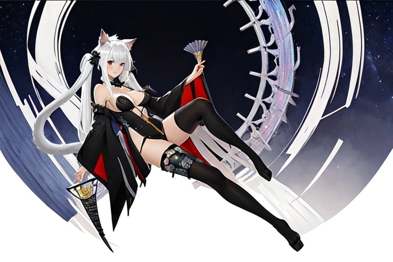 (masterpiece, top quality, best quality, official art, beautiful and aesthetic:1.2), (fractal art:1.3),, kagarino kirie, 1 girl, solo, full body, 1 hand holding black handfan, twintails, white hair black cat ears, starry sky black background, big breasts, red eyes, latex thighhighs, black cat tail, (mary_janes: 1.3)