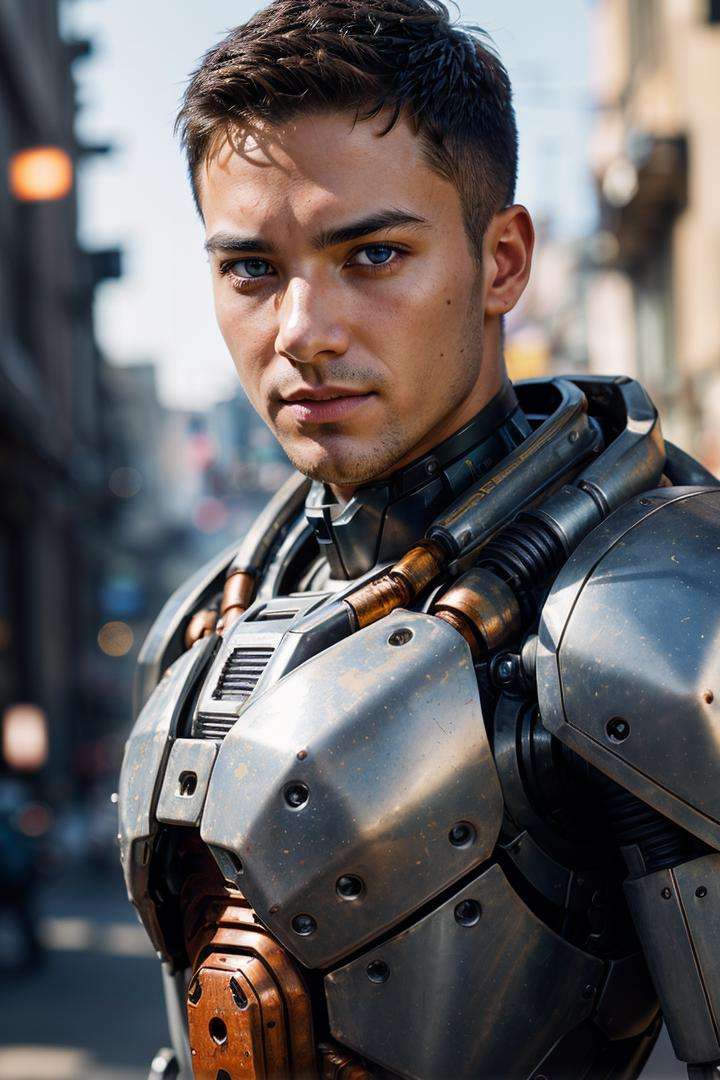 photo RAW,(an handsome male ,perfect eyes , in a worn mecha exosuit,((light bokeh)), intricate, (steel metal [rust]), elegant, sharp focus, photo by greg rutkowski, soft lighting, vibrant colors, masterpiece, ((streets)), detailed face), masterpiece, award winning photography, natural light, perfect composition, high detail, hyper realistic