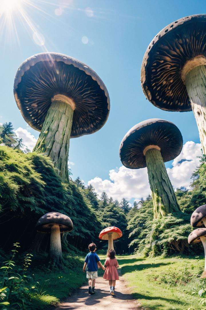 photo RAW,(funny cute monster studio ghibli style walking in the magical forest with oversized mushrooms blue sky above, rich colors panoramic, Realistic, realism, hd, 35mm photograph, 8k), masterpiece, award winning photography, natural light, perfect composition, high detail, hyper realistic