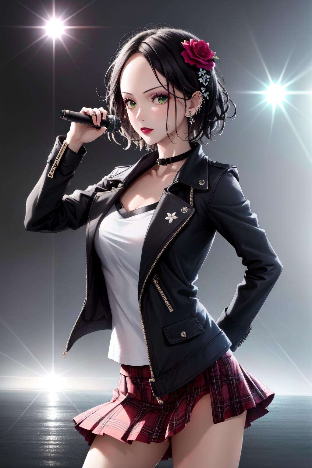 1girl, (masterpice:1.3), highres, high-detailed, high quality, (solo), 4k, cg, pixiv, (perfect face and eyes), detailed face, dynamic light,  intense shadows, intricate_details, nana,short hair, black hair, jewelry, green eyes, earrings, collar, makeup, piercing, lipstick, ear piercing,  black jaket, white shirt, hair flower, rose, red miniskirt, pleated skirt, scenary: scenary, lights, microphone, sexy, sensual, <lora:nana_osaki-08:0.7>, (modeling pose:1.3)