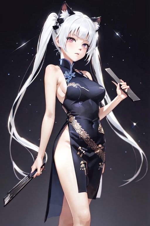 Happoubi Jin, Kagarino Kirie, 1 girl, solo, (1 hand holding black handfan on own shoulder: 1.2), (1 hand holding own dress: 1.1), twintails, white hair black cat ears, china dress, starry sky black background, red eyes, big breasts, zettai ryouiki,