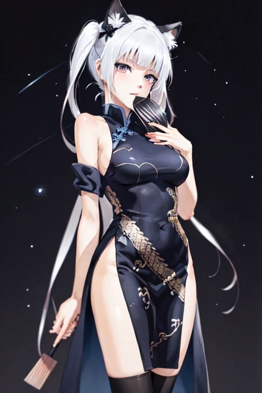 Happoubi Jin, Kagarino Kirie, 1 girl, solo, (1 hand holding black handfan on own shoulder: 1.3), 1 hand holding own dress, twintails, white hair black cat ears, china dress, starry sky black background, red eyes, big breasts, zettai ryouiki,