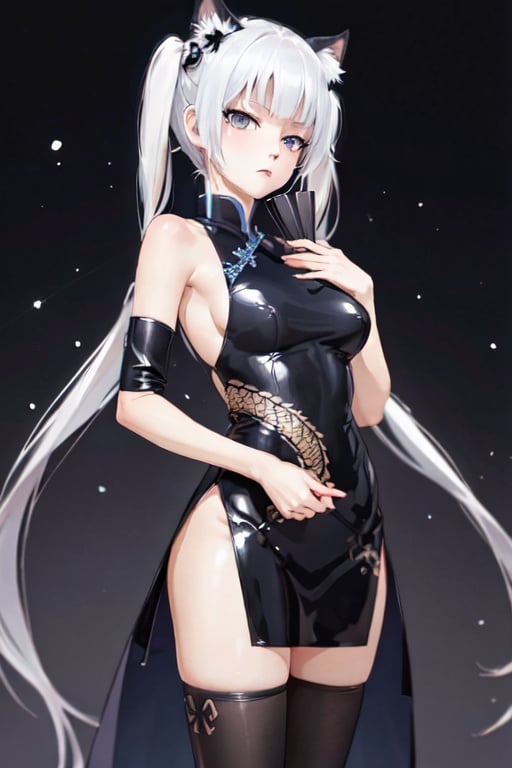 masterpiece, best quality, highres, Happoubi Jin, Kagarino Kirie, 1 girl, solo, (1 hand holding black handfan on own shoulder: 1.3), (1 hand holding own dress: 1.3), twintails, white hair black cat ears, china dress, starry sky black background, red eyes, big breasts, zettai ryouiki, latex thighhighs