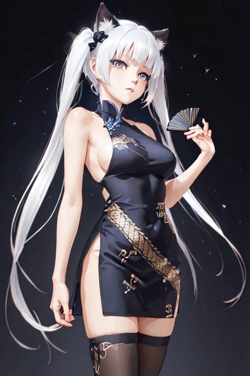 (masterpiece, top quality, best quality, official art, beautiful and aesthetic:1.2), (fractal art:1.3), Happoubi Jin, Kagarino Kirie, 1 girl, solo, (1 hand holding black handfan on own shoulder: 1.3), 1 hand holding own dress, twintails, white hair black cat ears, china dress, starry sky black background, red eyes, big breasts, zettai ryouiki,