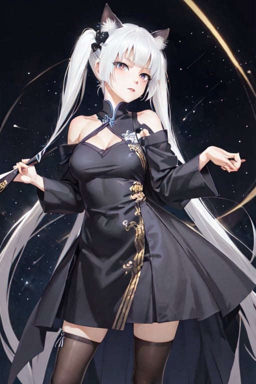 (masterpiece, top quality, best quality, official art, beautiful and aesthetic:1.2), (fractal art:1.3), Happoubi Jin, Kagarino Kirie, 1 girl, solo, 1 hand holding black handfan on own shoulder, 1 hand holding own dress, twintails, white hair black cat ears, china dress, starry sky black background, red eyes, big breasts, zettai ryouiki,