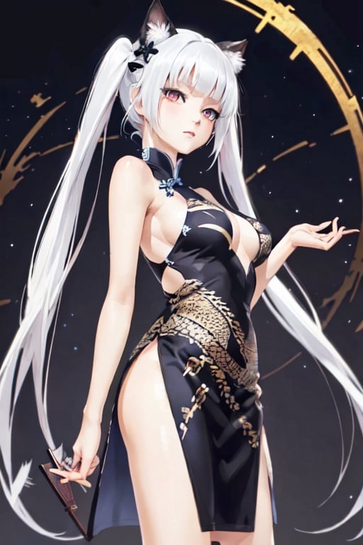 (masterpiece, top quality, best quality, official art, beautiful and aesthetic:1.2), (fractal art:1.3), Kagarino Kirie, 1 girl, solo, 1 hand holding black handfan on own shoulder, 1 hand holding own dress, twintails, white hair black cat ears, china dress, starry sky black background, red eyes, big breasts, zettai ryouiki,china dress