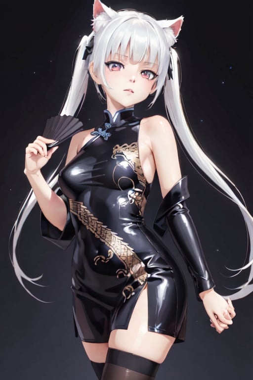 masterpiece, best quality, highres, Happoubi Jin, Kagarino Kirie, 1 girl, solo, (1 hand holding black handfan on own shoulder: 1.3), (1 hand holding own dress: 1.3), twintails, white hair black cat ears, china dress, starry sky black background, red eyes, big breasts, zettai ryouiki, latex thighhighs