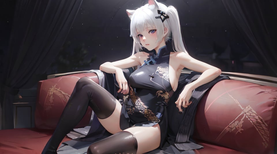 masterpiece, best quality, highres, Happoubi Jin, Kagarino Kirie, 1 girl lying, solo, full body, (1 hand holding black handfan on own shoulder: 1.3), (1 hand holding own dress: 1.3), twintails, white hair black cat ears, long china dress, starry sky black background, detailed beautiful red eyes, big breasts, latex thighhighs,