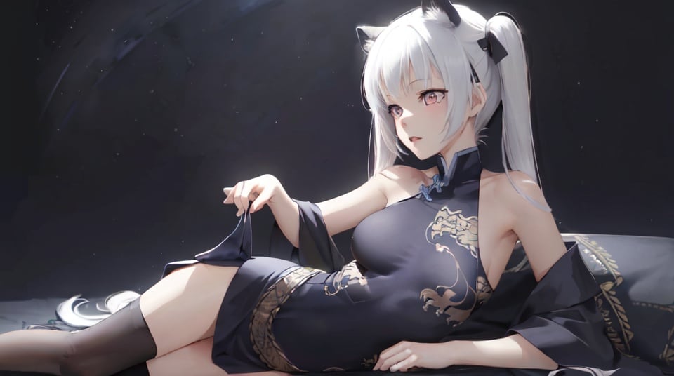 masterpiece, best quality, highres, Happoubi Jin, Kagarino Kirie, 1 girl lying, solo, (1 hand holding black handfan on own shoulder: 1.3), (1 hand holding own dress: 1.3), twintails, white hair black cat ears, long china dress, starry sky black background, detailed beautiful red eyes, big breasts, latex thighhighs,