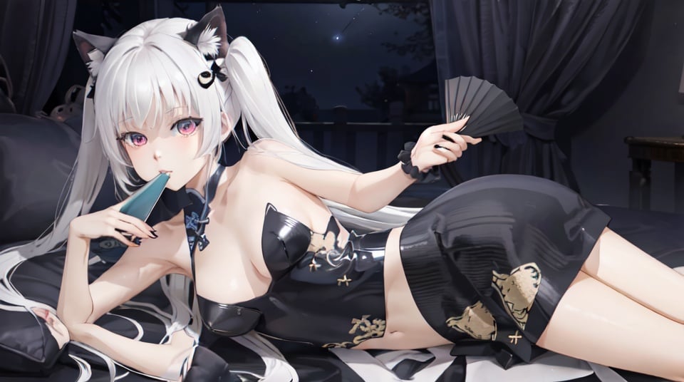 masterpiece, best quality, highres, Happoubi Jin, Kagarino Kirie, 1 girl lying, solo, (1 hand holding black handfan on own shoulder: 1.3), (1 hand holding own dress: 1.3), twintails, white hair black cat ears, long china dress, starry sky black background, detailed beautiful red eyes, big breasts, latex thighhighs,