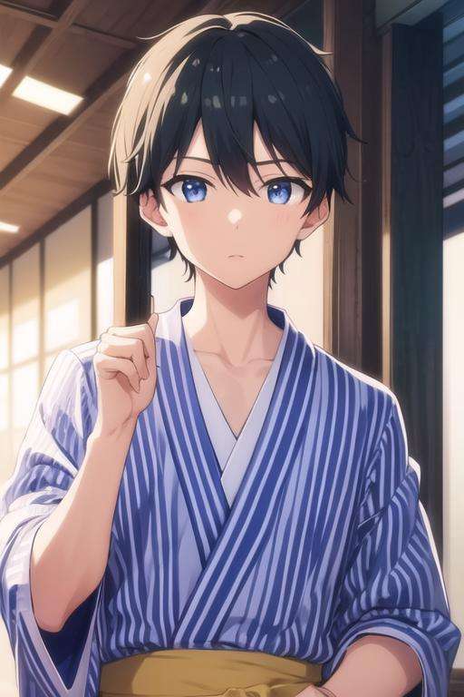 masterpiece, best quality, high quality, 1boy, solo, male focus, looking at viewer, upper body, <lora:masamune_makabe:0.62>, masamune_makabe, black hair, blue eyes, yukata