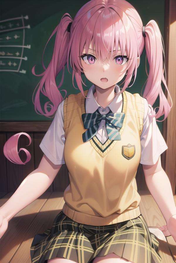 nanadeviluke, <lora:nanadeviluketest:1>,nana asta deviluke, fang, long hair, (pink eyes:1.5), pink hair, tail, twintails, (flat chest:1.2),BREAK green skirt, plaid, plaid skirt, sainan high school uniform, school uniform, skirt, shirt, white shirt, sweater vest, (yellow sweater vest:1.5), short sleeves,BREAK looking at viewer,BREAK indoors, classroom,BREAK <lora:GoodHands-vanilla:1>, (masterpiece:1.2), best quality, high resolution, unity 8k wallpaper, (illustration:0.8), (beautiful detailed eyes:1.6), extremely detailed face, perfect lighting, extremely detailed CG, (perfect hands, perfect anatomy),