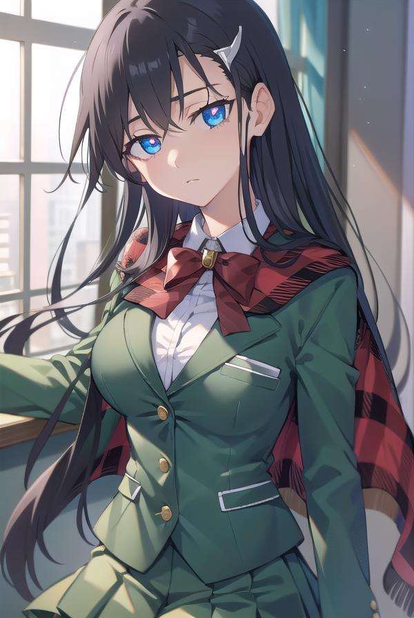 noelniihashi, <lora:noelniihashi:1>, noel niihashi, long hair, blue eyes, black hair, hair ornament, hairclip, mature female, slanted eyes, narrow eyes,BREAK skirt, school uniform, jacket, pleated skirt, thigh strap, capelet, green jacket,BREAK looking at viewer,BREAK indoors, classroom,BREAK <lora:GoodHands-vanilla:1>, (masterpiece:1.2), best quality, high resolution, unity 8k wallpaper, (illustration:0.8), (beautiful detailed eyes:1.6), extremely detailed face, perfect lighting, extremely detailed CG, (perfect hands, perfect anatomy),